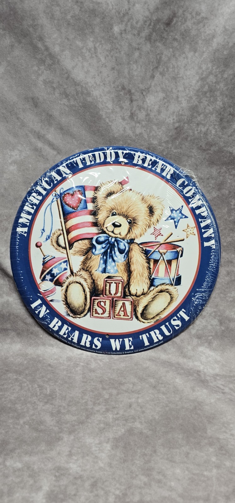 American Teddy Bear Co In Bears We Trust Round Metal Sign 4th Of July Decor New