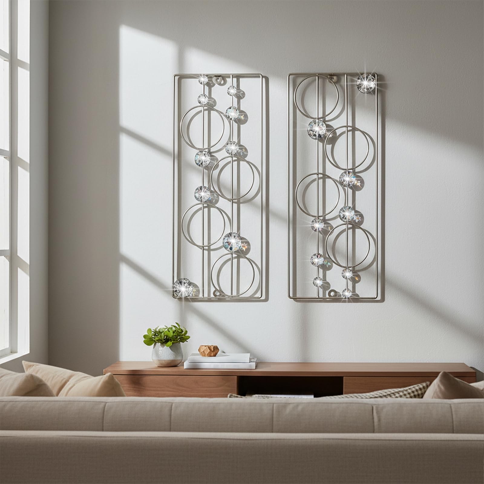 2 PCS Bling Abstract Metal Wall Art Minimalist Jeweled Crystal Geometric Decor