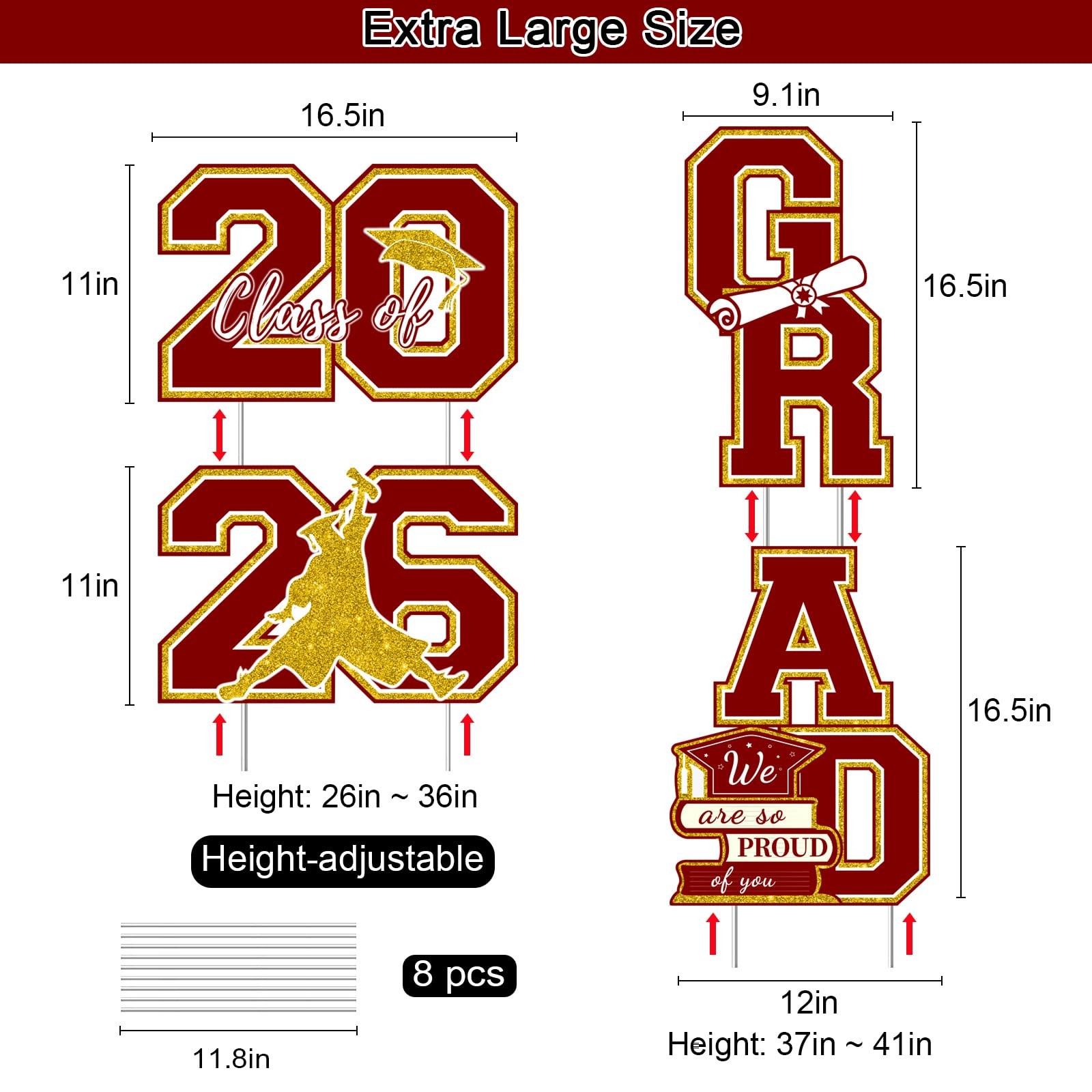 Maroon and Gold Graduation Decorations Class of 2026 Yard Signs – 4Pcs Large Bur
