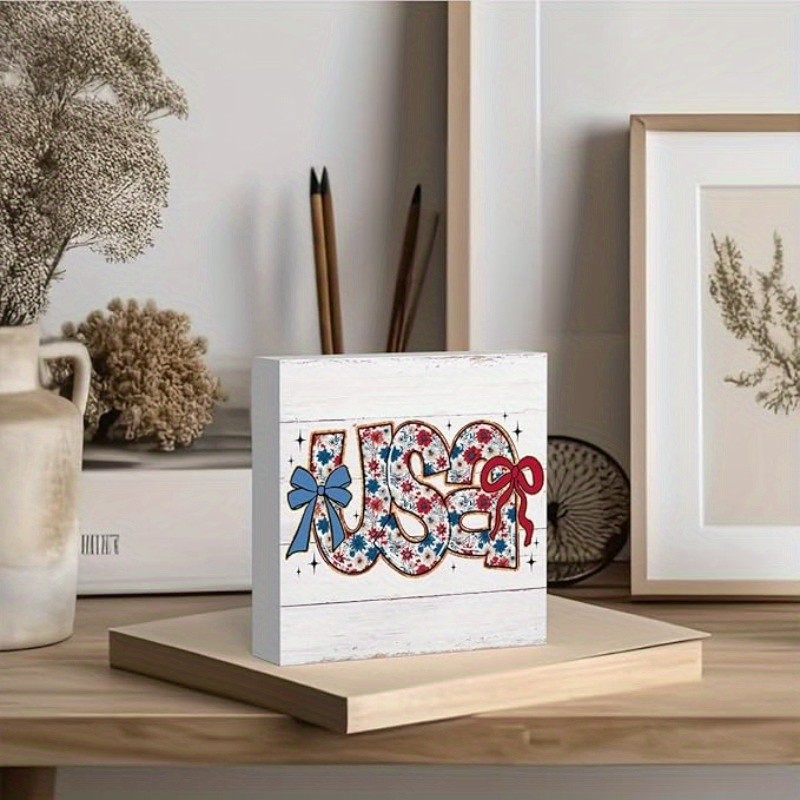 Floral USA Patriotic Wooden Box Sign 4th of July Red White Blue Bow Home Decor