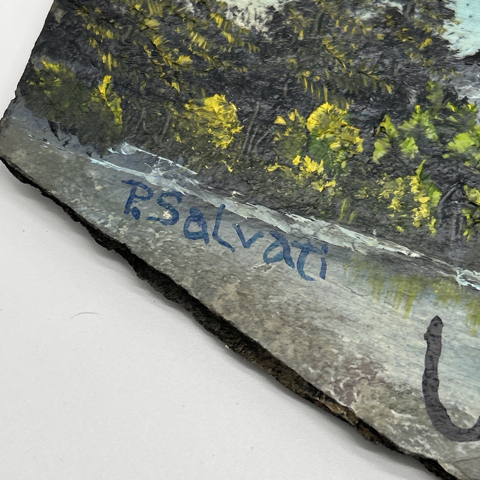Painted Stone ‘Welcome’ 16″ Hanging Sign w/ Mountain Theme – P. Salvati
