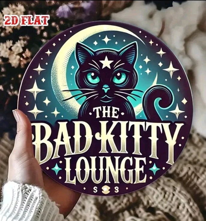 Bad Kitty Lounge Cat Metal Tin Sign Moon Star Round Wall Decor 7.8 Inch