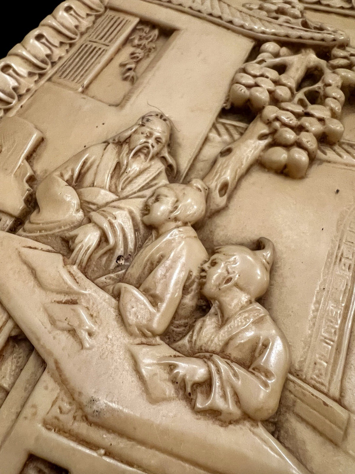 Vintage Chinese Faux Ivory Resin Carved Wall Plaque Framed Scholar Scene 17×13
