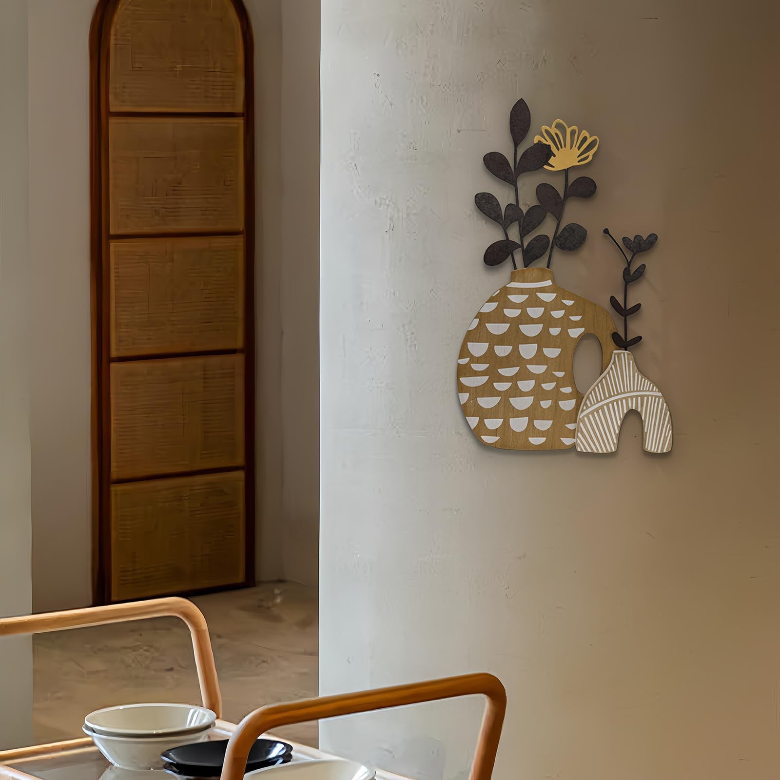 Rustic Metal and Wood Flowers Wall Art, Bohemian Vase with Flower Design, Bla…