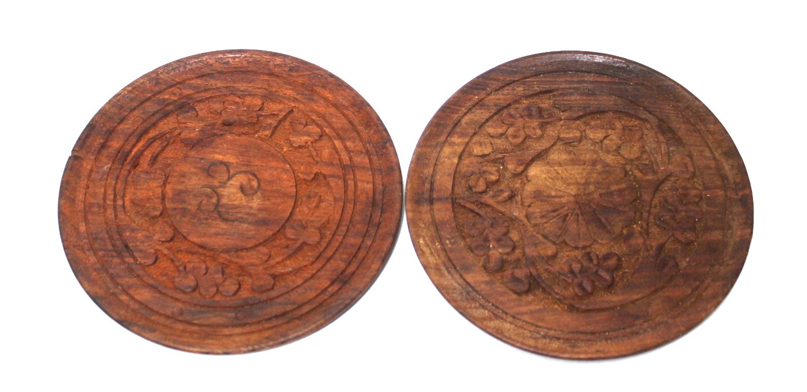 Vintage Carved Wood Wall Plaques Round Ornate India Set 2