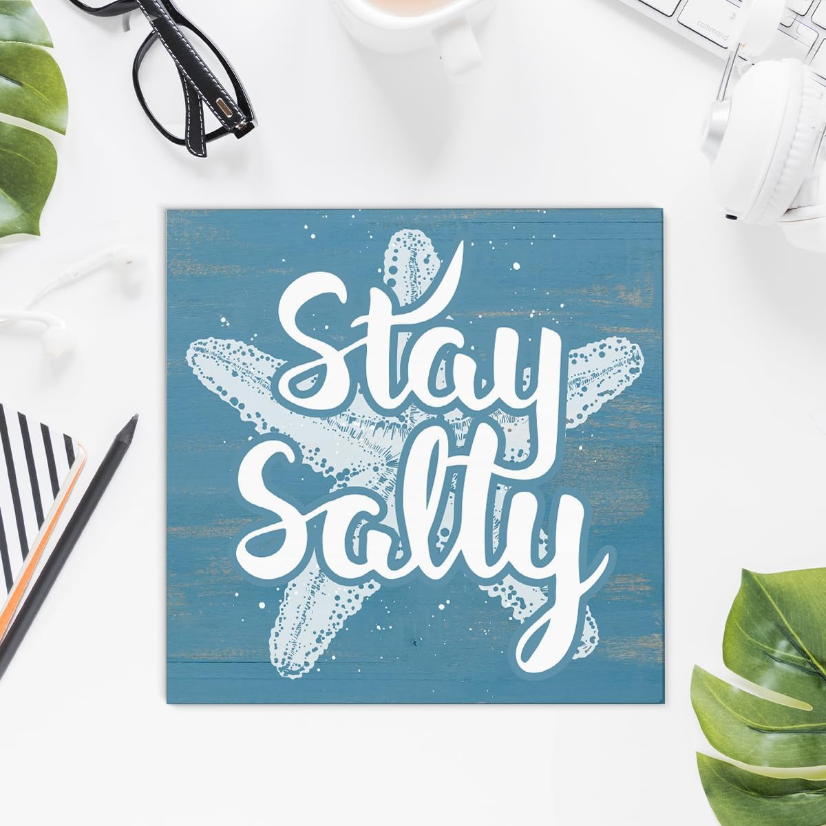 Beach Wooden Box Sign Decor, Starfish and Summer Decor Stay Salty Wood Block Pla