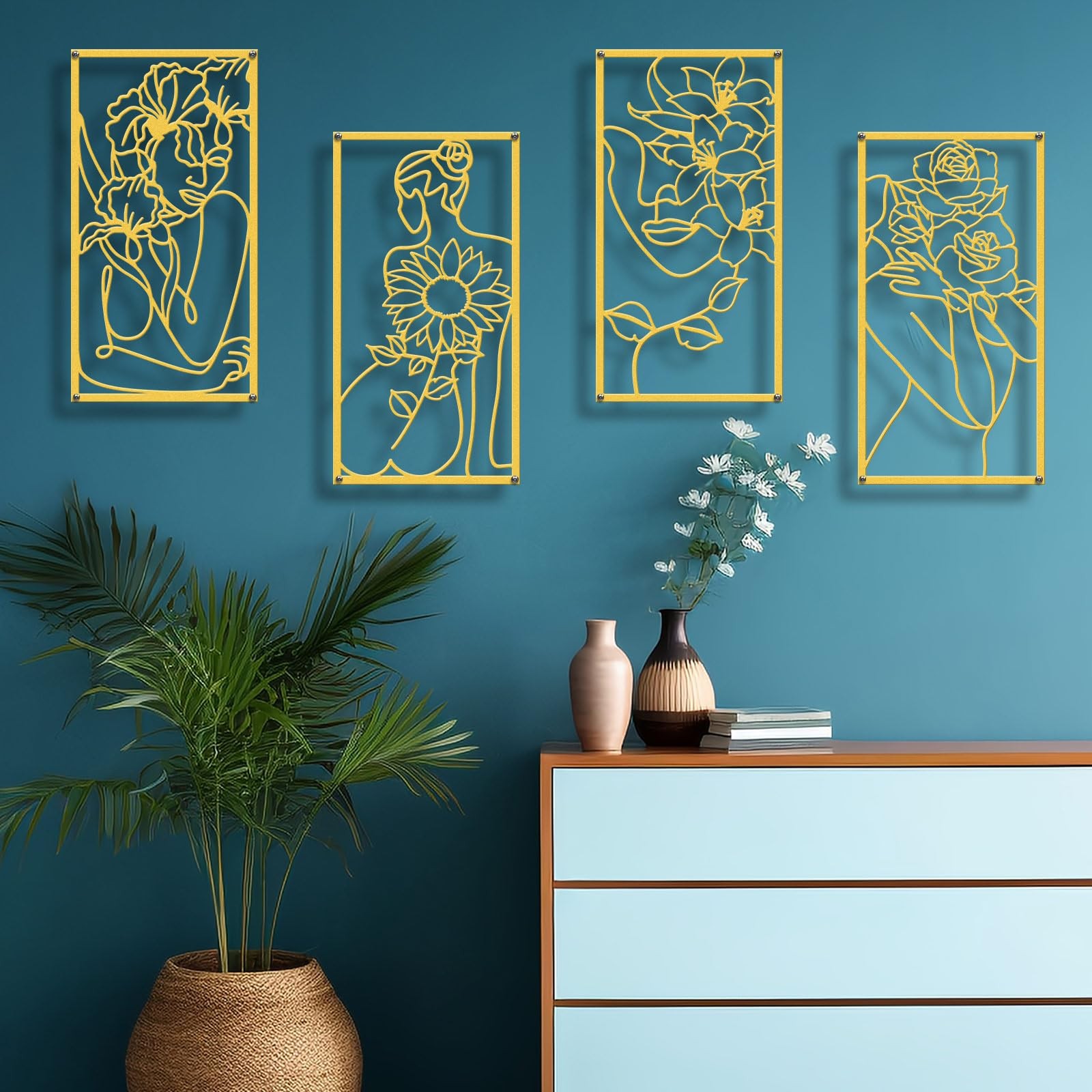 Zzbakress Woman Flower Wall Art Gold Metal Line Set of 4