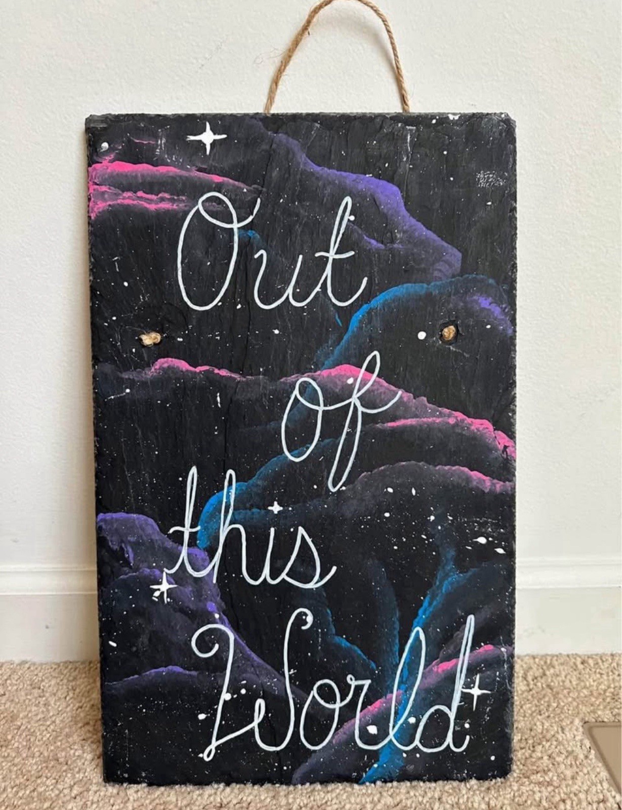 Original Hand Painted Galaxy Space On Hanging Slate / Home Decor