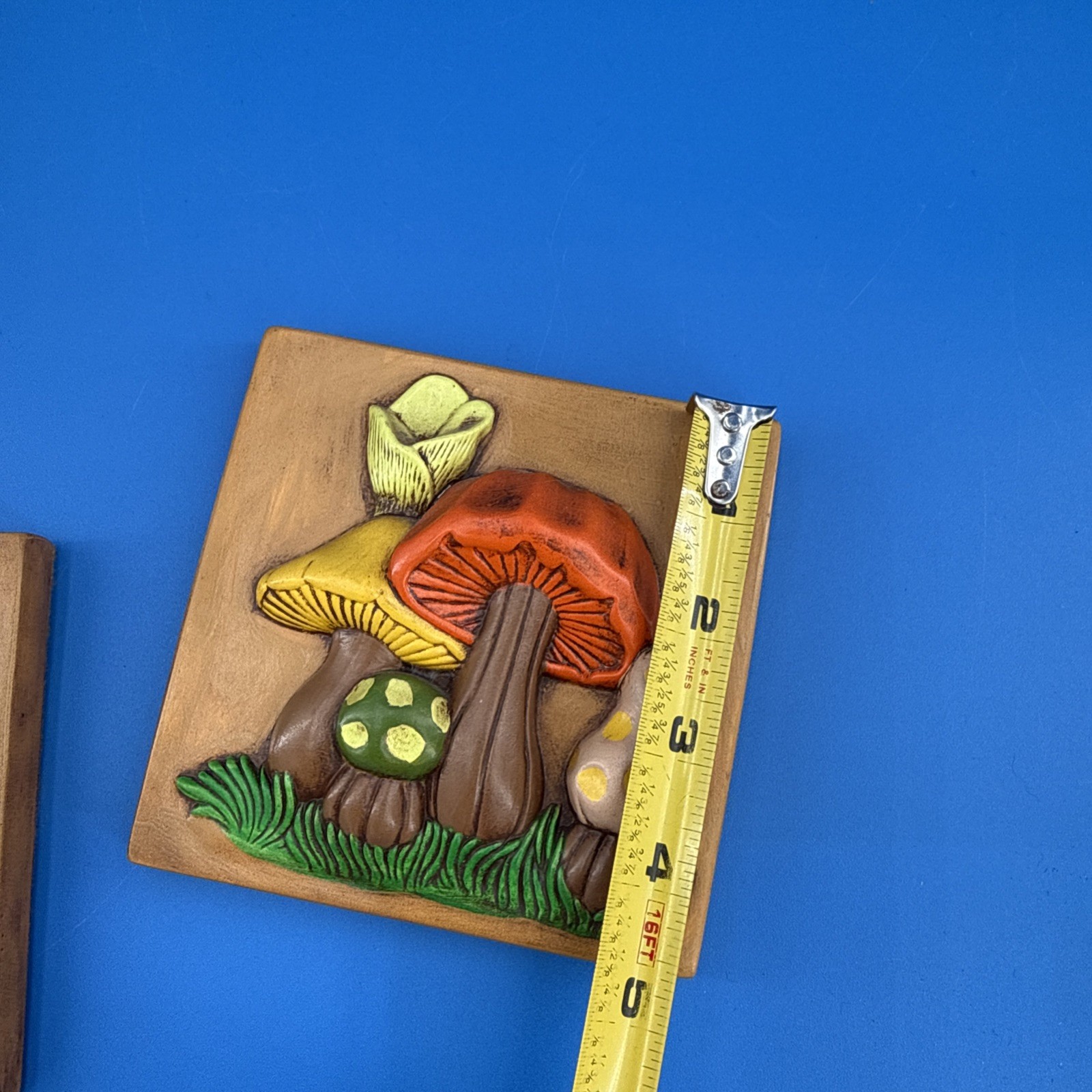 Vtg Lot Of 3 Mushroom Wall Art Hand Painted Orange Plaque 70s Ceramic 3D