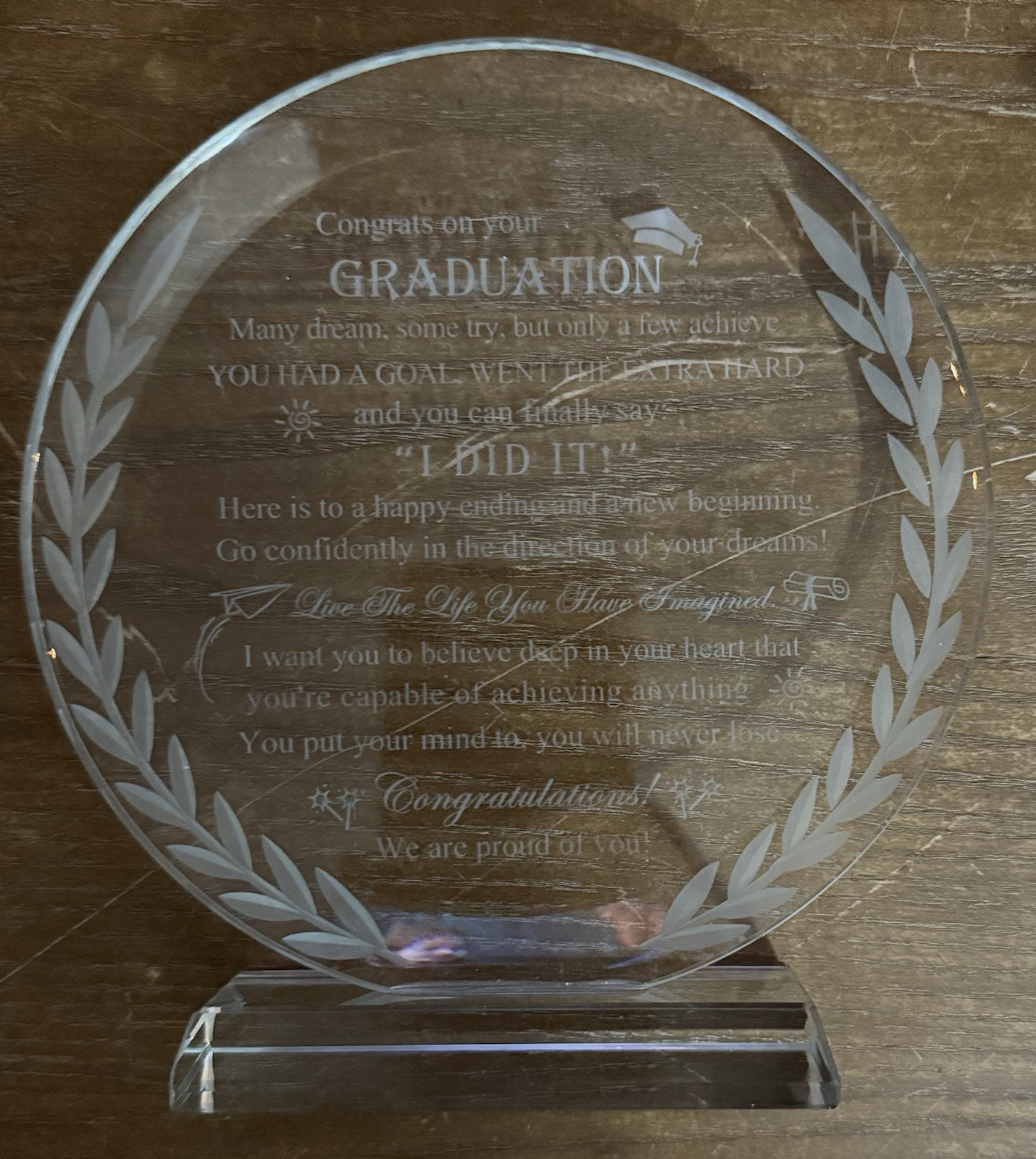 Graduation Gift Clear Glass Motivational Plaque Stand Congratulations – A0166