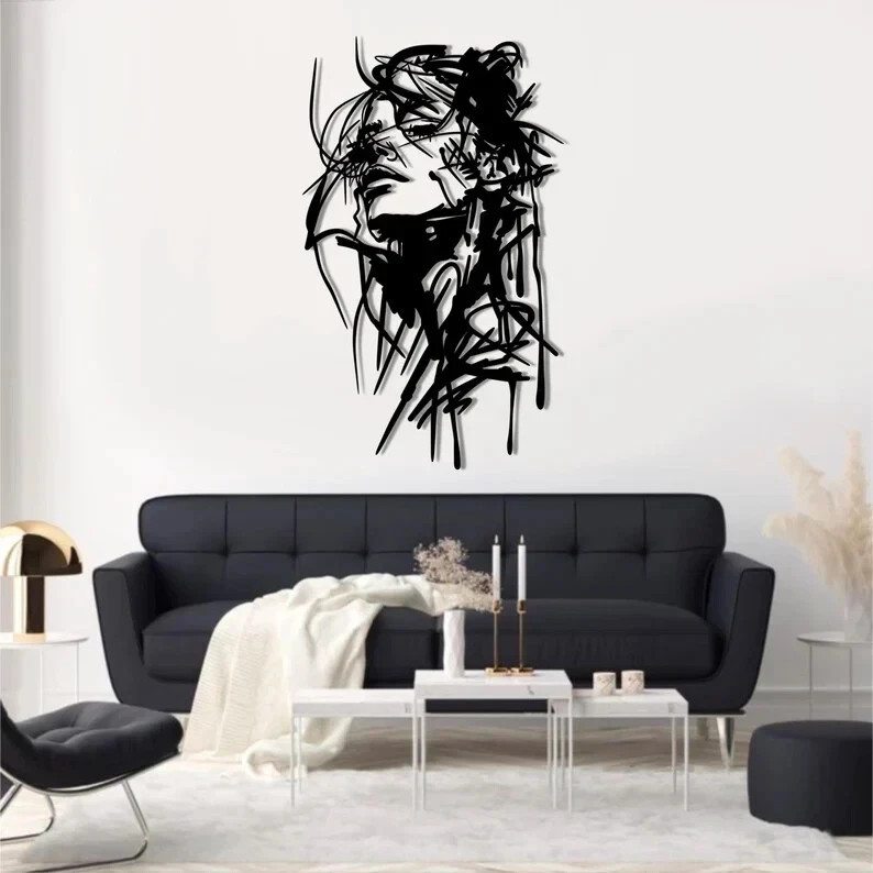 Woman Face Metal Wall Art Abstract Female Line Drawing Sculpture Modern Home Dec