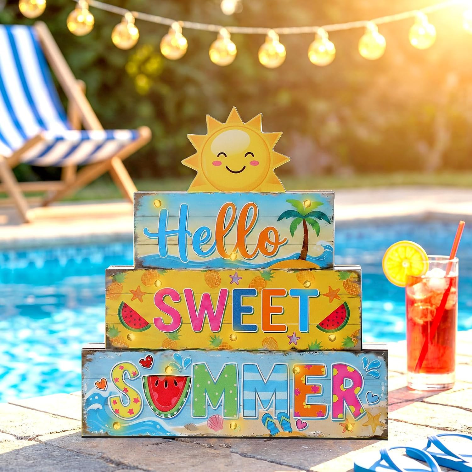 Hello Summer Decorations Sun Wooden Sign with 13 LED Lights Indoor Tabletop Gift