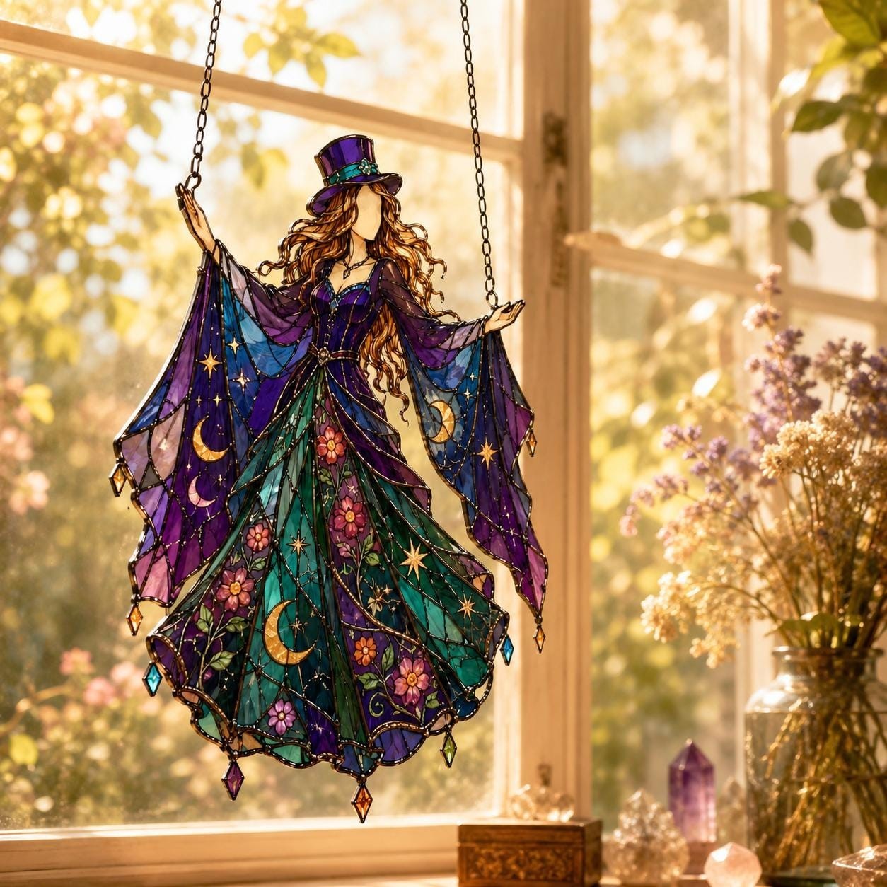 Witch Acrylic Suncatcher, Celestial Stained Glass Style Window Hanging