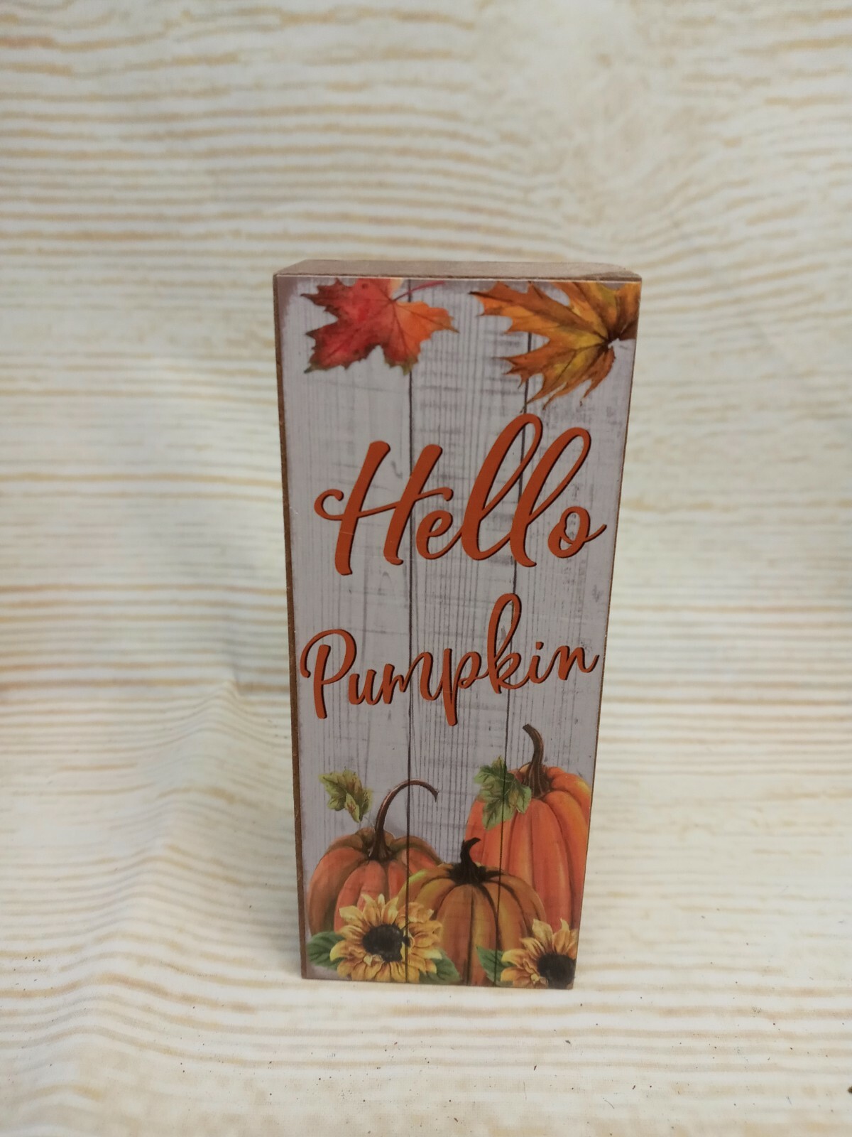 New! “HELLO PUMPKIN” Fall Wood Block Sign Farmhouse Tier Tray Autumn Halloween ~