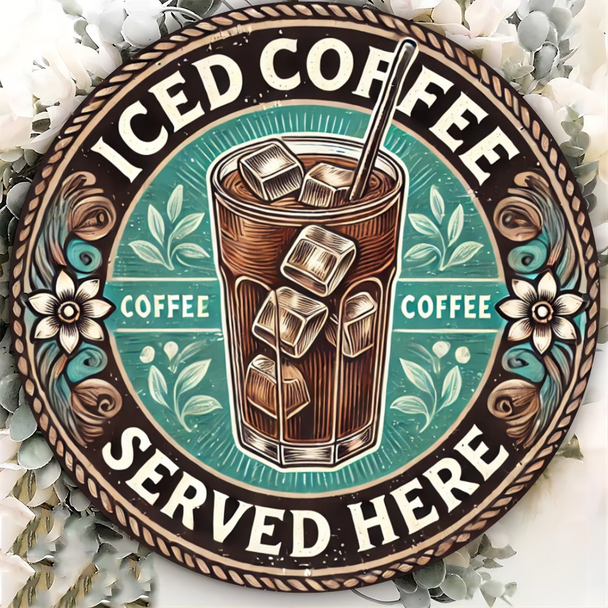 1pc Iced Coffee Served Here Tin Metal Signs 8x8in, Iron Wall Decor, Vintage Art