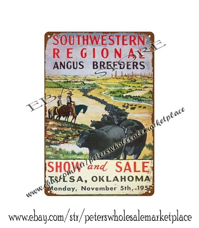 1950s farm cow bull cattle beef ANGUS BREEDERS SOUTHWESTERN tin sign garage