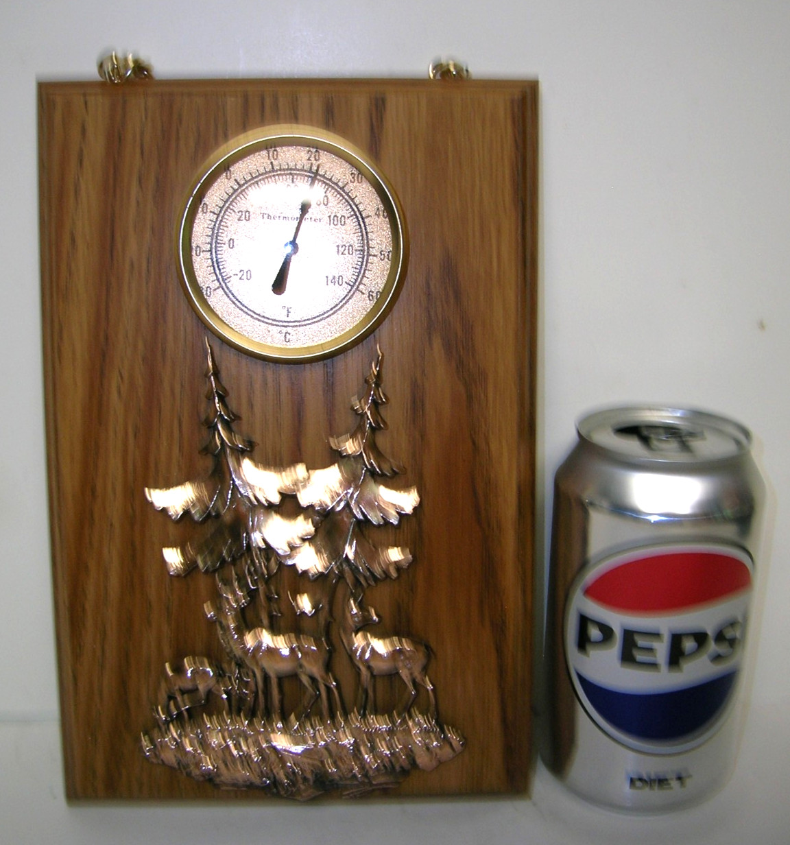 Dial Thermometer Deer Pine Tree Embossed Design Hanging Mid-Century Wood Plaque