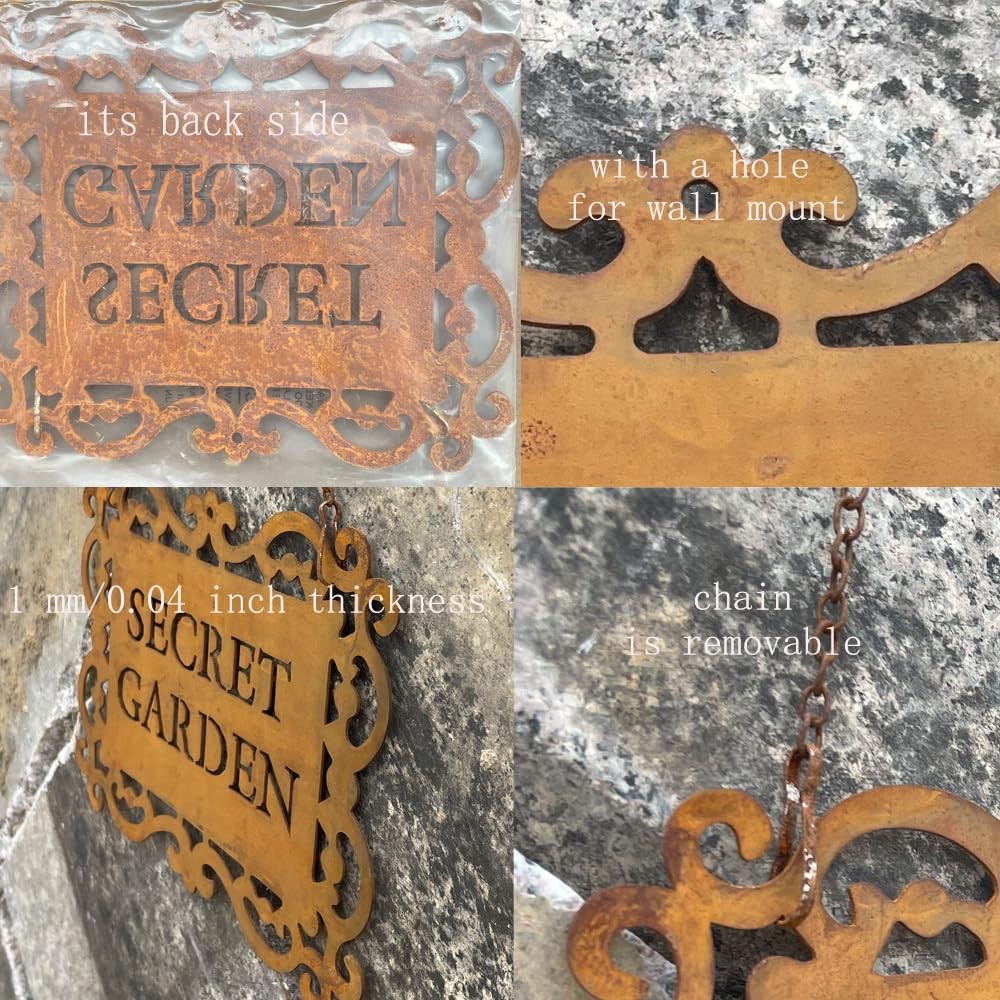 Rustic Iron “Secret Garden” Hanging Sign, Natural Rust Patina Metal Plaque wi…