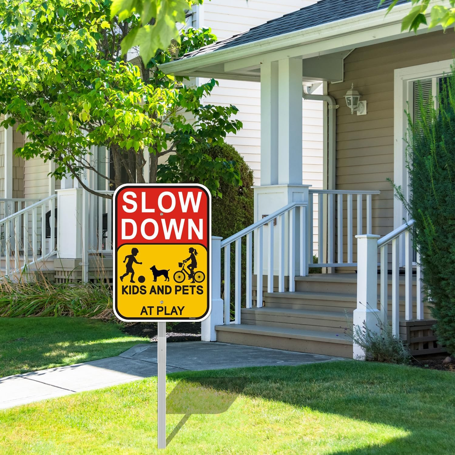 Slow Down Kids Pets At Play Sign w Stake Aluminum Safety Yard Sign 2 Pack 14×10