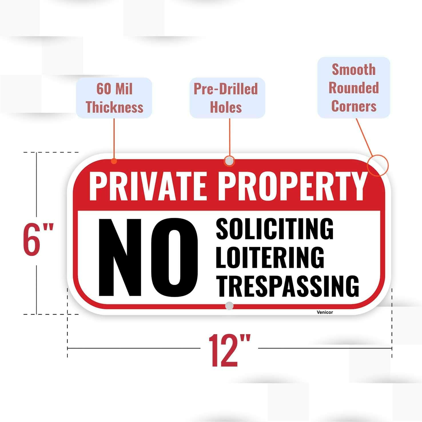 2PC Private Property No Soliciting Trespassing Loitering Sign, 12 X 6 Inches – A