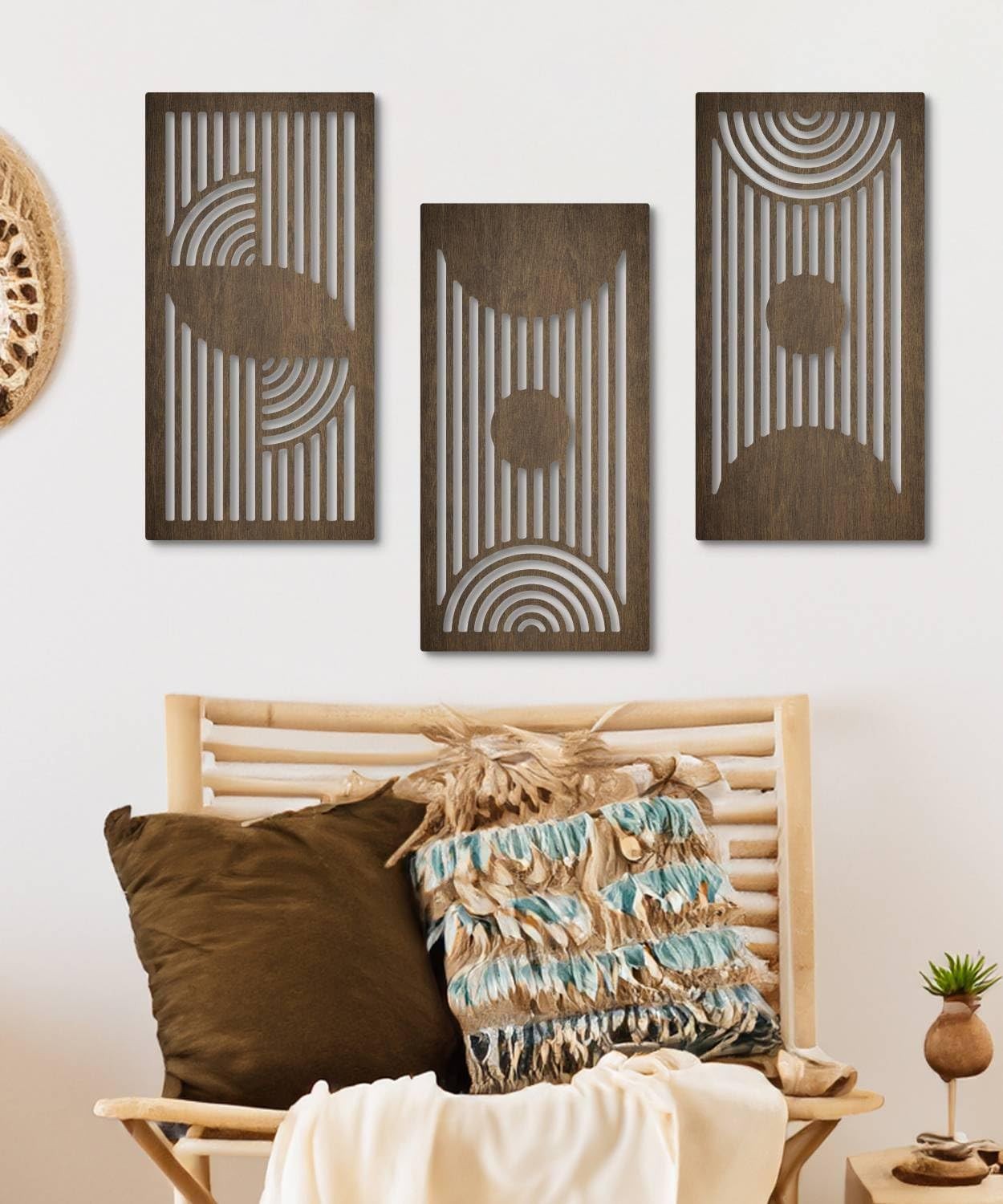 Geometric Wood Wall Art Set of 3 Modern Mid-Century Modern Aesthetic Wall Dec…