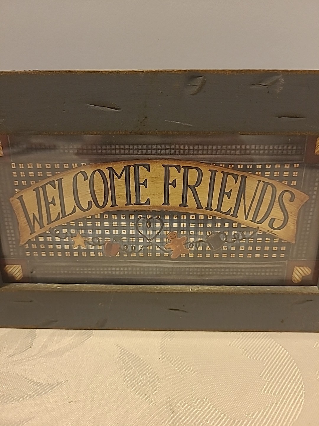 Small Wood Framed “Welcome Friends” Folk Art Sign By Carousel Unlimited USA