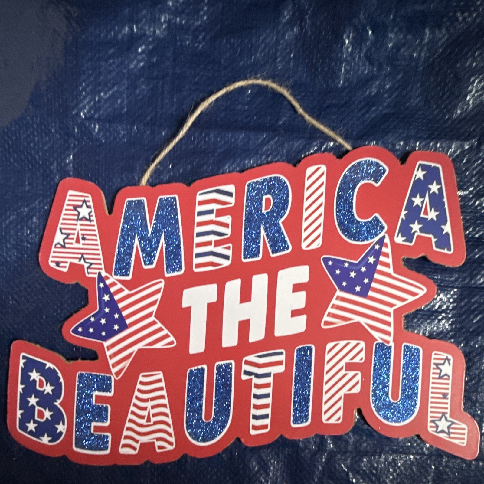 America the Beautiful Patriotic Wooden Hanging Wall Plaque Stars Red White Blue
