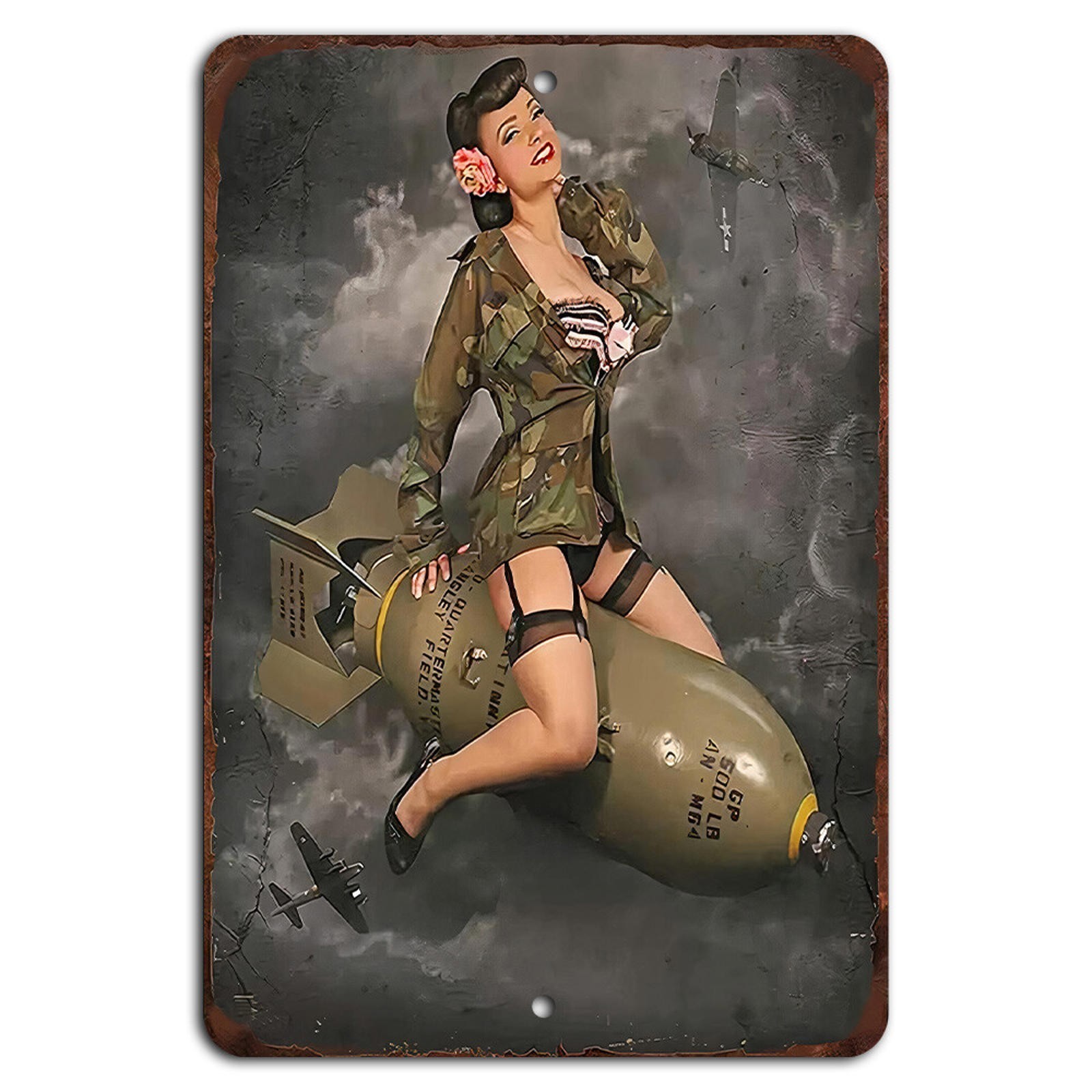 Military Pin-Up Sign BanginPrints Vintage WWII Aluminum Warplane Decor