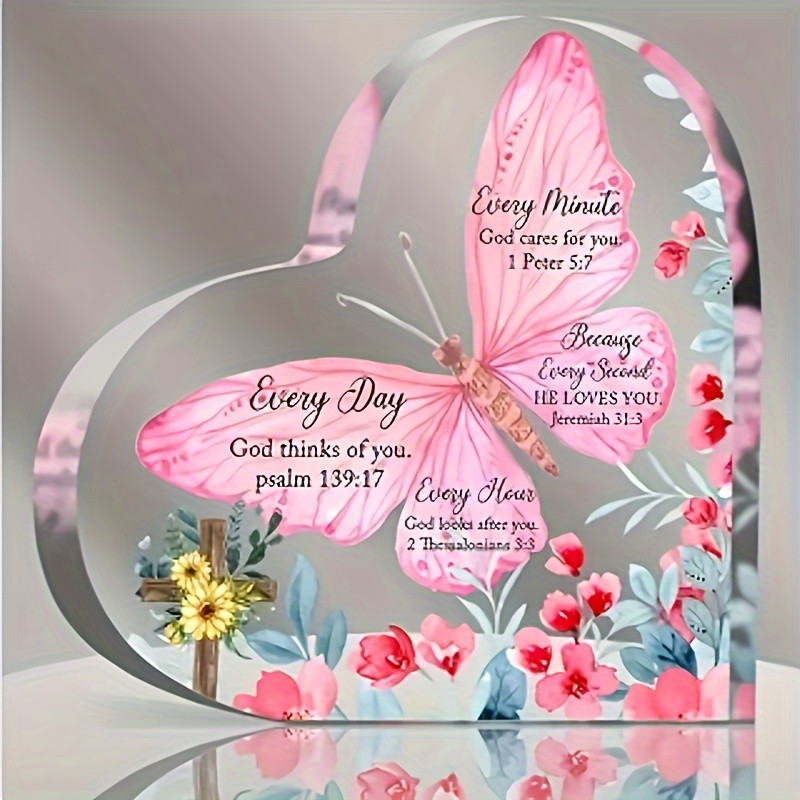 Spiritual Acrylic Heart Ornament Pink Butterfly Gift Contemporary Desk Art