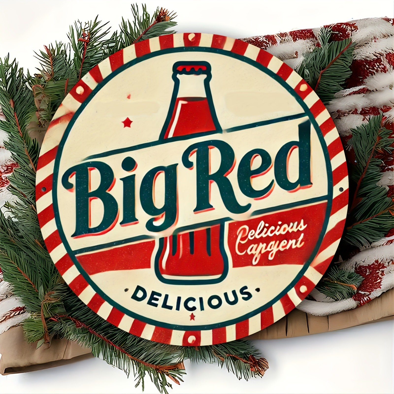 Vintage Big Red Soda Round Tin Metal Sign Aluminum Wall Art 8×8