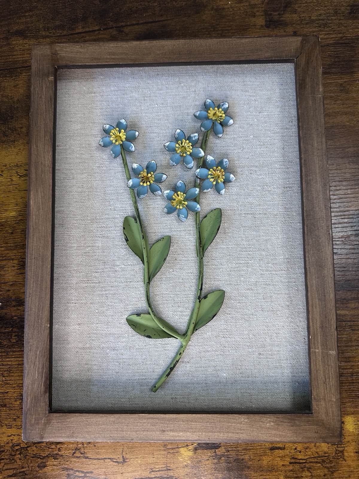 Vintage 3D Metal Flower Shadow Box Framed Wall Art Set of 2 Burlap Linen Floral