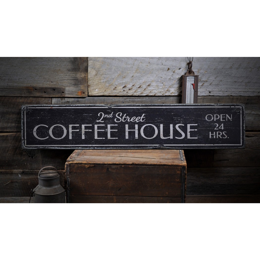 Open 24 Hours Coffee House, Custom Java – Rustic Distressed Wood Sign