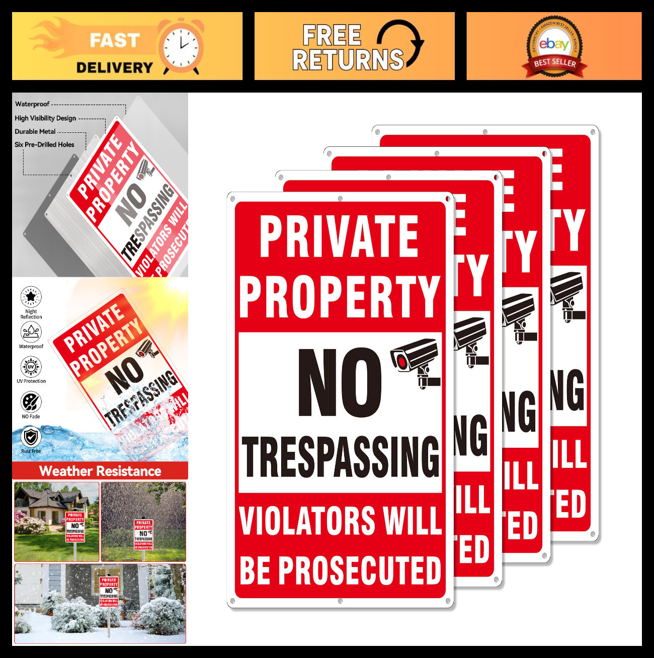 4 Pack No Trespassing Signs – Weatherproof Aluminum, Video Surveillance, 10×14