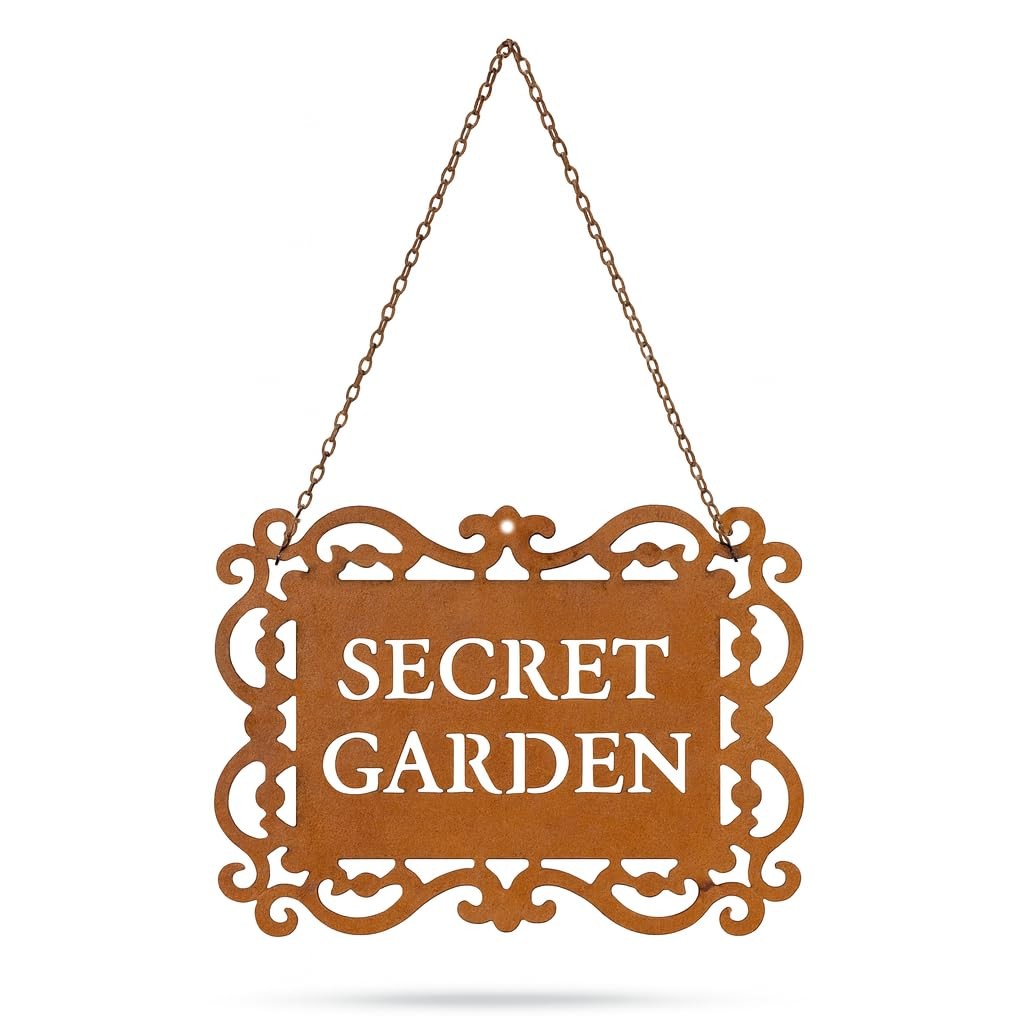 Rustic Iron “Secret Garden” Hanging Sign, Natural Rust Patina Metal Plaque wi…