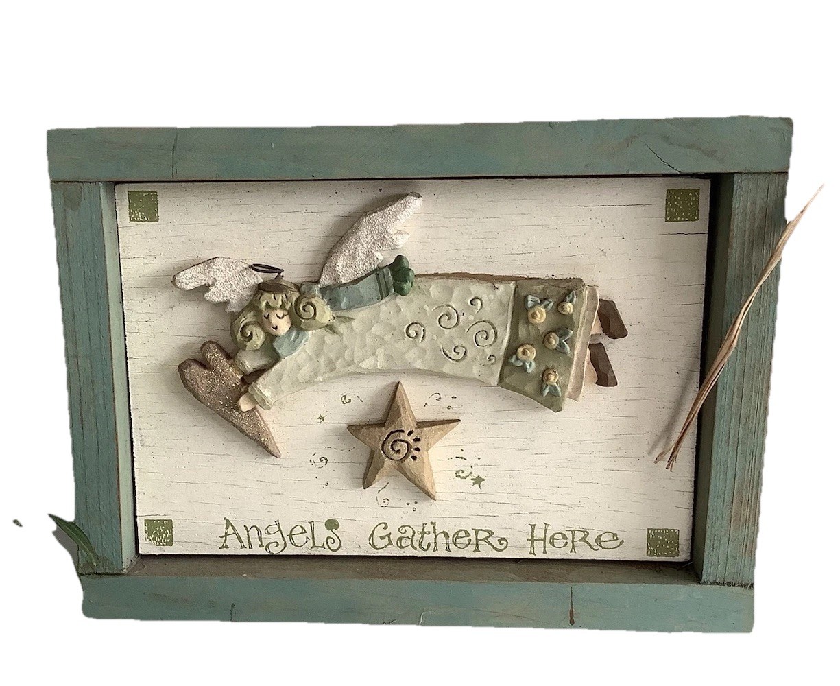 Angels Gather Here Wooden Wall Plaque Rustic Farmhouse Angel Sign 7×9.5”