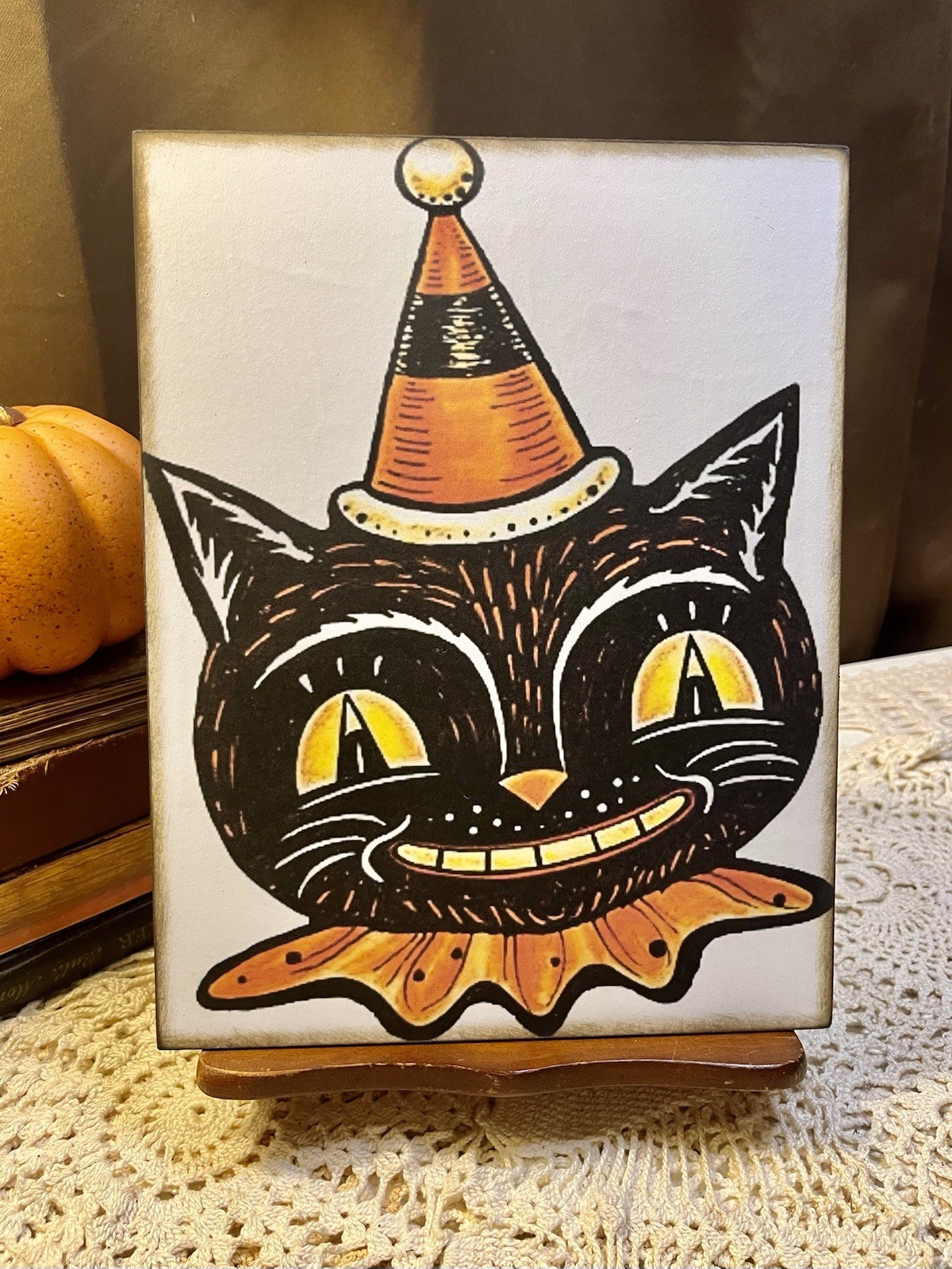 Retro Cat in Party Hat, Halloween, Handcrafted Plaque 1B