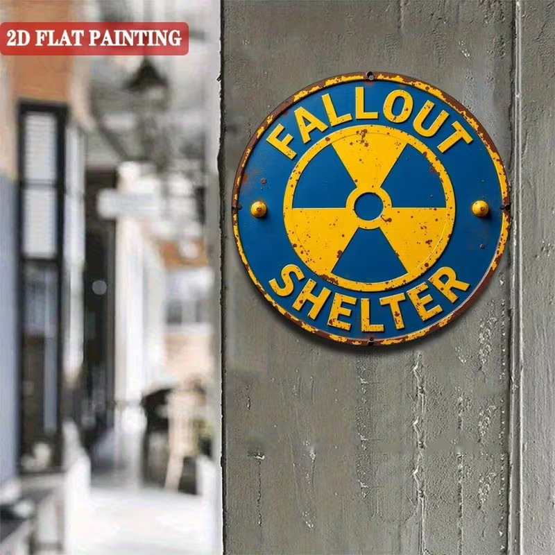 Shelter Sign – Fall Out Retro Nuclear Radiation Warning Metal Wall Art 8″