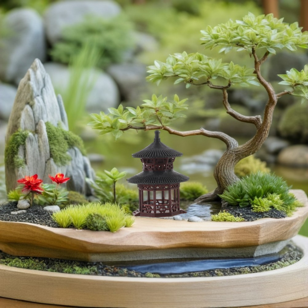 Bonsai Pavilion Statue: Mini Asian Garden Figurine Ornament – Chinese Style