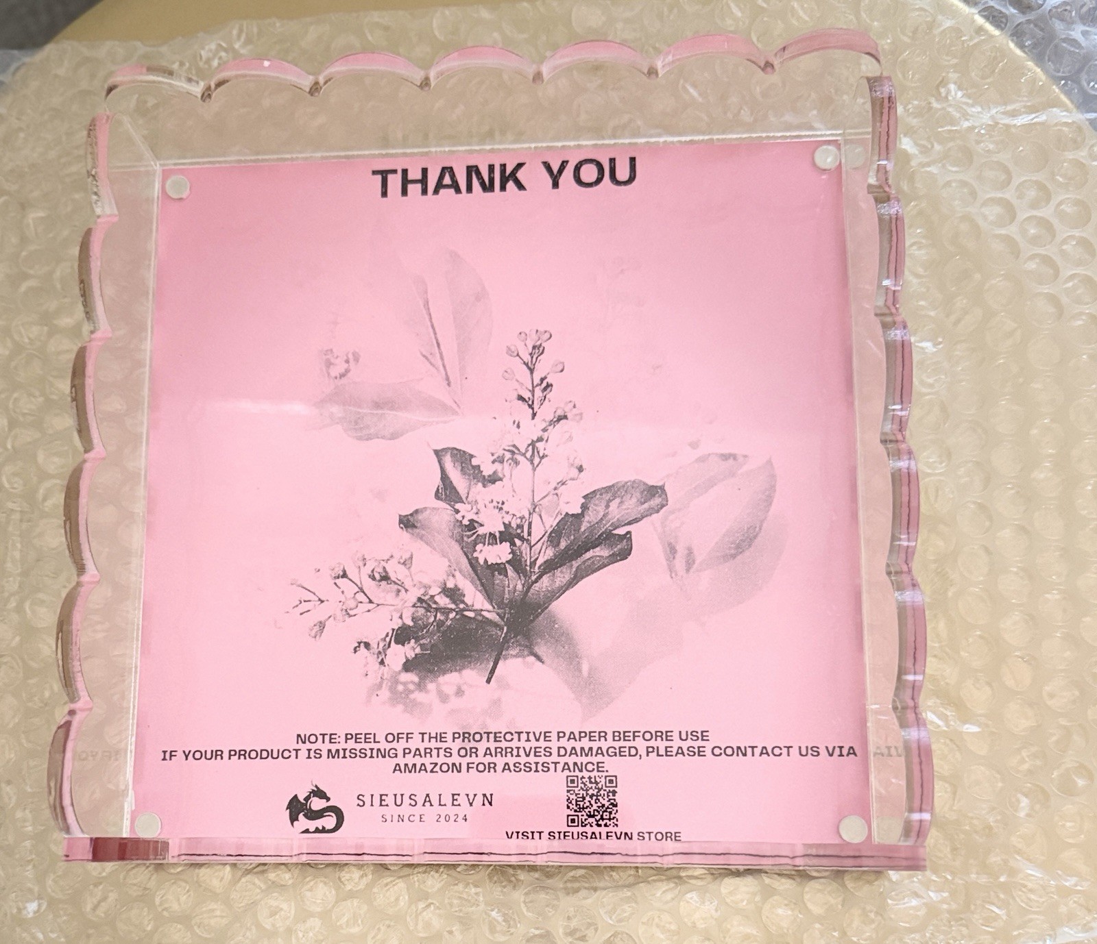 SIEUSALEVN Acrylic Thank You Pink Floral 3D Effect Free Standing Plaque