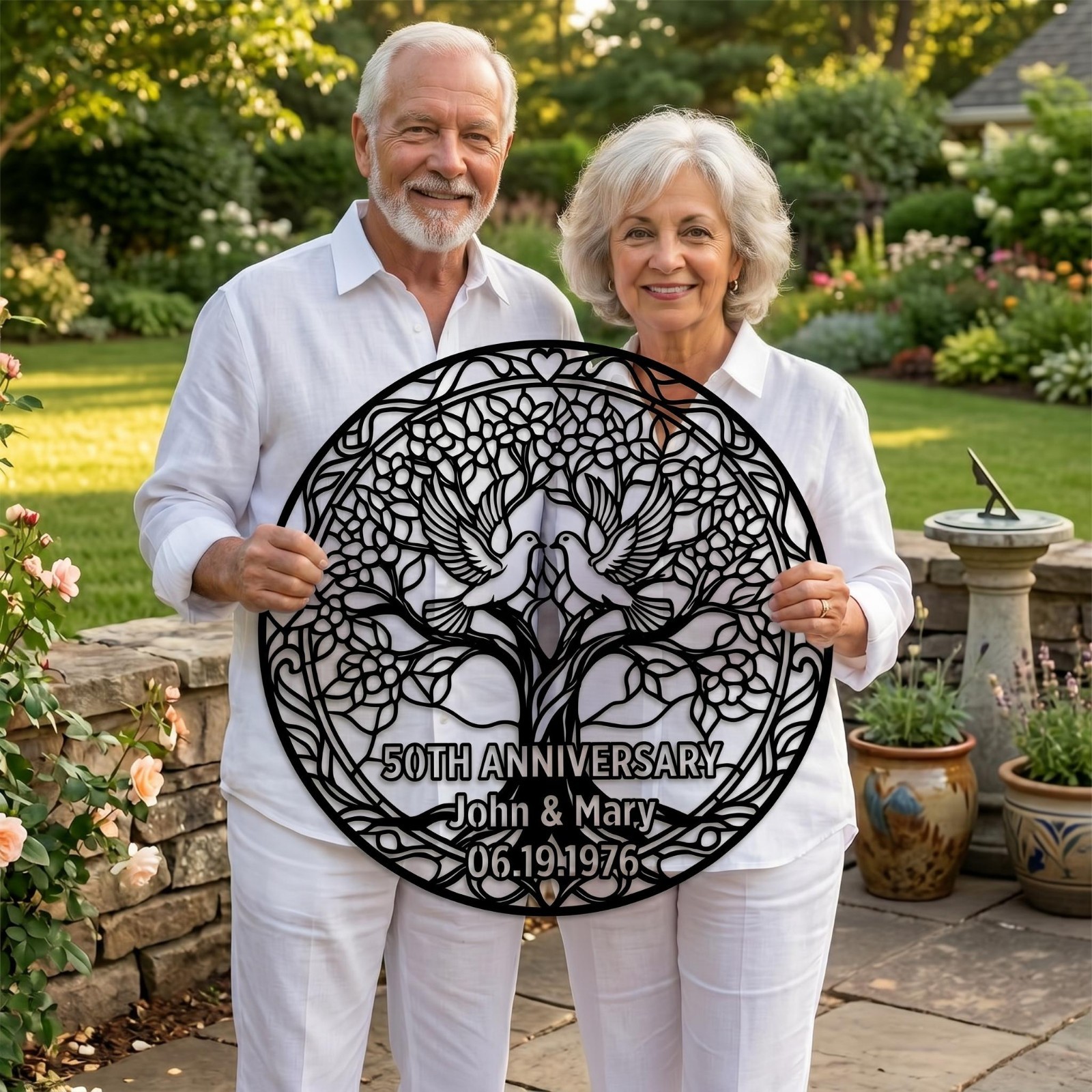 Personalized Anniversary Metal Sign, Tree of Life Love Birds Wall Art