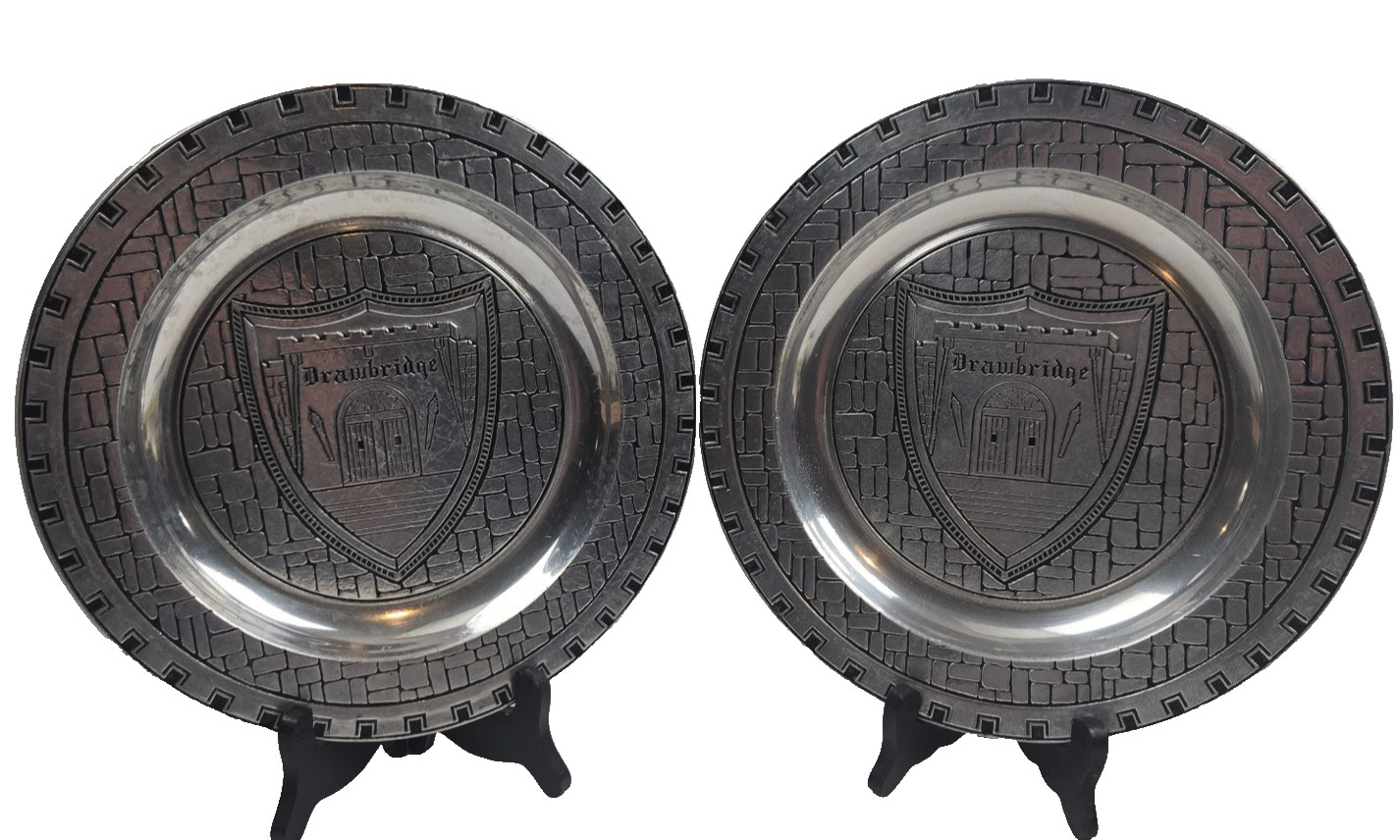 Pair Vintage Wilton RWP Pewter Medieval Castle Drawbridge Wall Decor Plaques