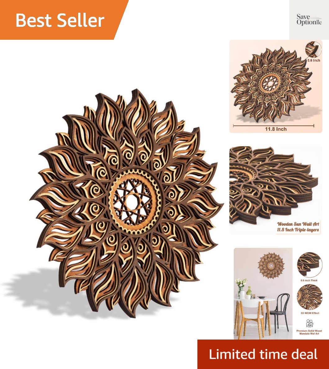 11.8 Inch Sun Wall Decor, Wooden Mandala Wall Art, Hollowed-out Sun Hanging S…