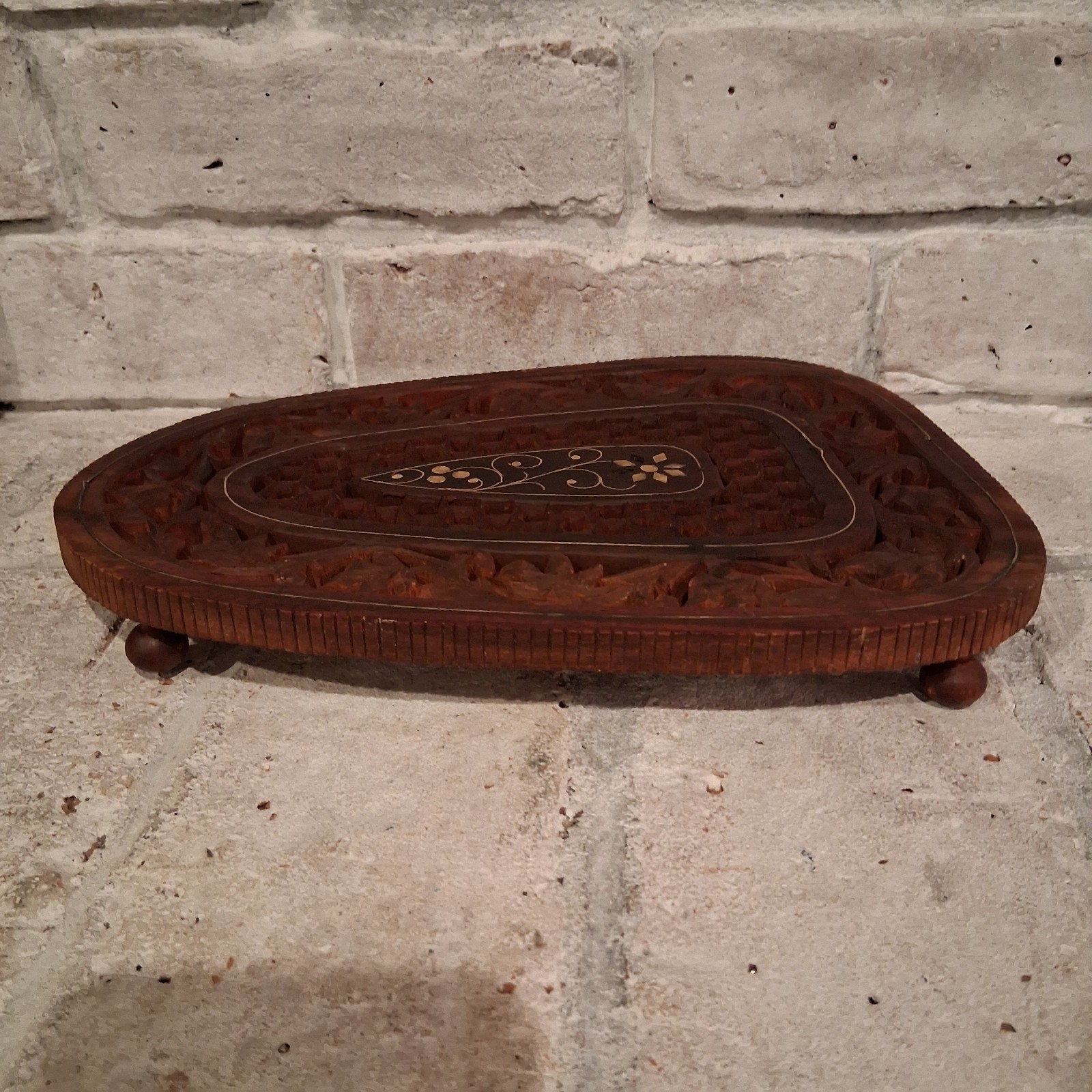 Vintage Sarna India Carved Wood Trivet Shelf 11×8 Inlaid Ornate Wall Display
