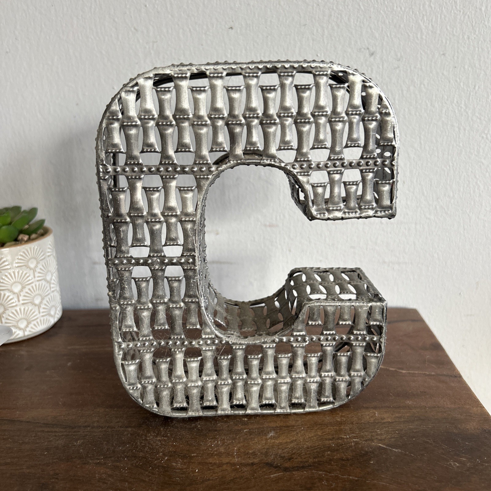 Decorative Metal Block Letter ‘C’ – Silver Filigree Shelf Or Wall Decor 7 In