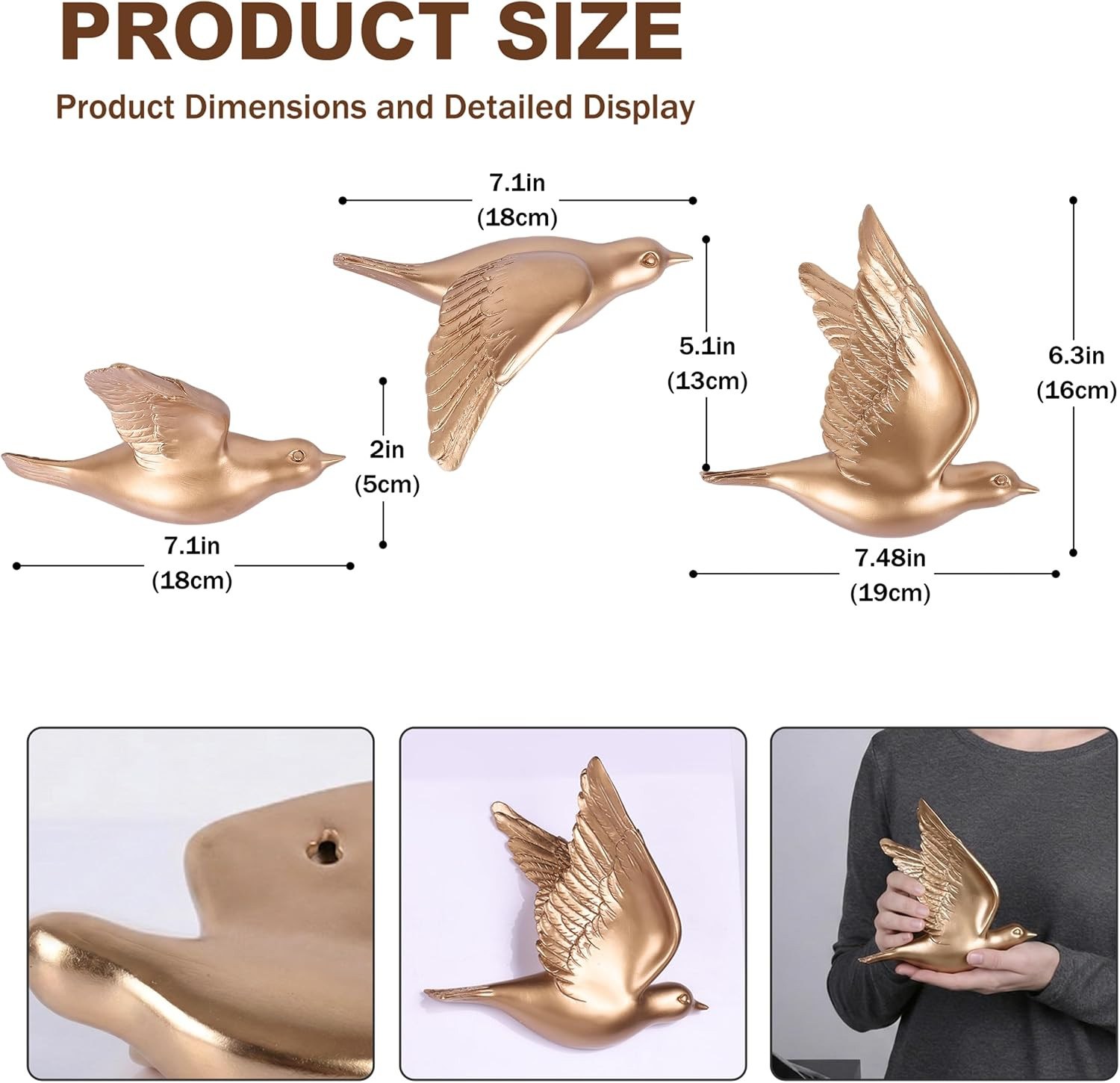 Bird Wall Sculptures Set of 3-3D Wall Art Decor for Living Room, Home Decor Mode