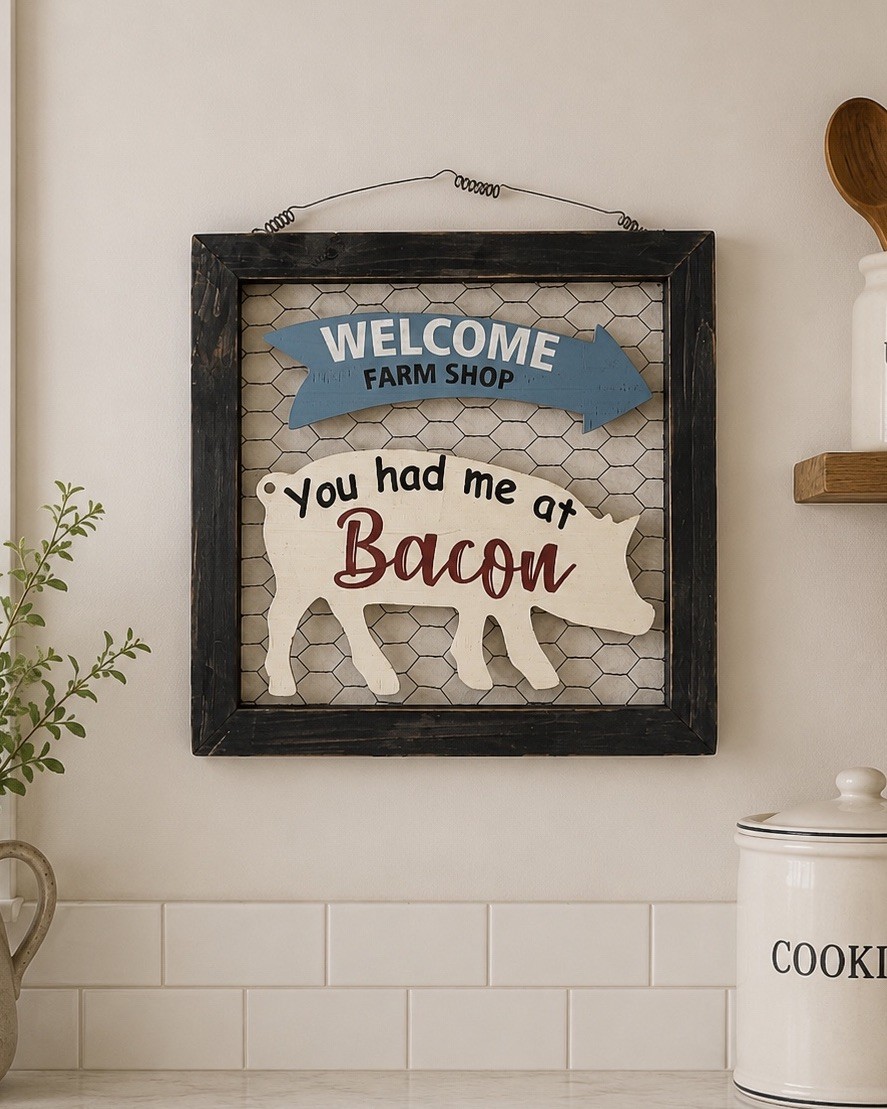 Rustic Welcome Sign “You Had Me At Bacon” Farmhouse Kitchen Pig Wall Picture 10”