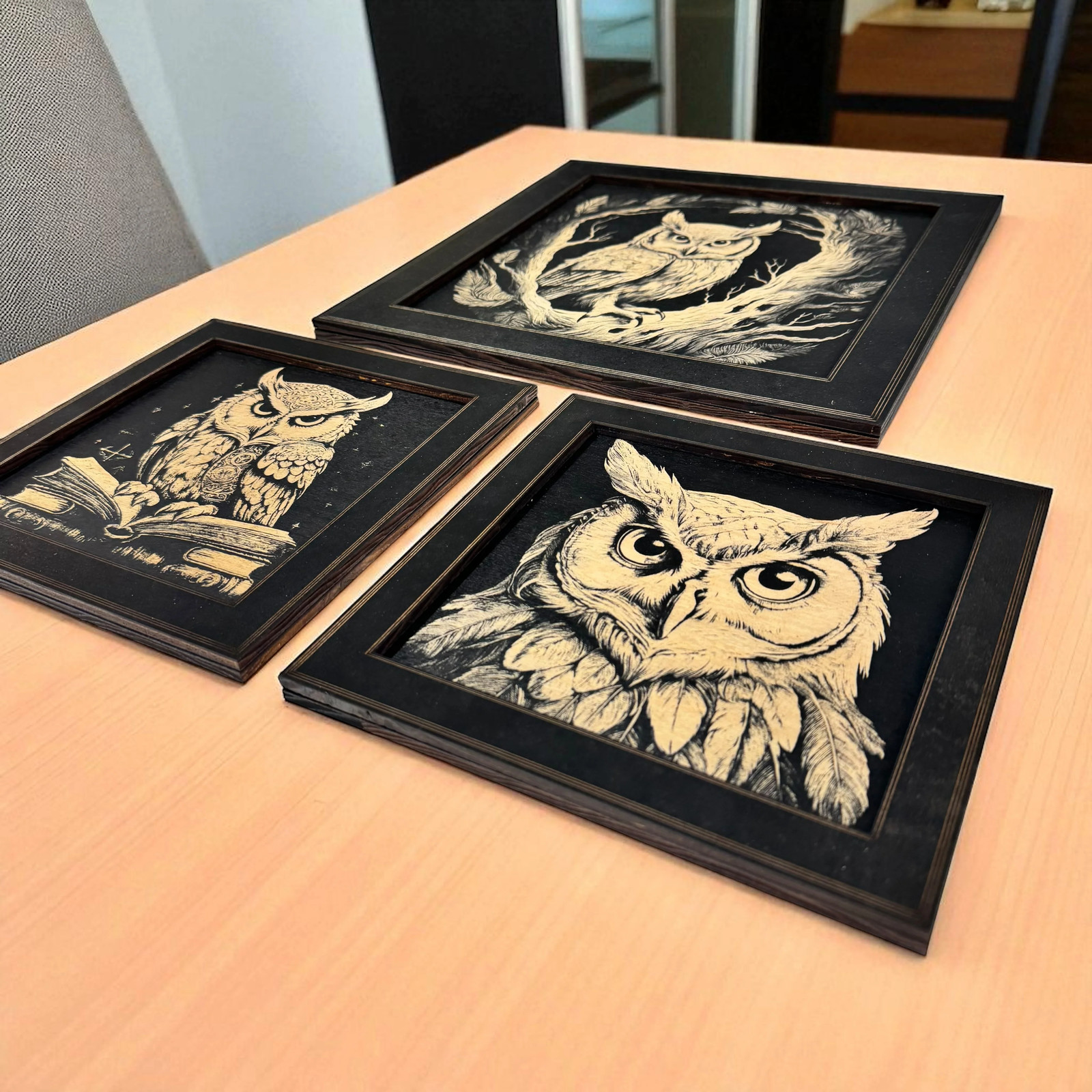 Framed Art – CUSTOM – Owls SET of 3 Pictures