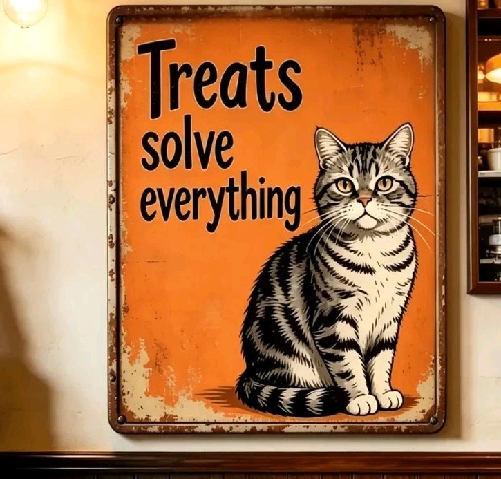 Funny Cat Metal Sign Treats Solve Everything Vintage Rustic Tabby Wall Decor Art