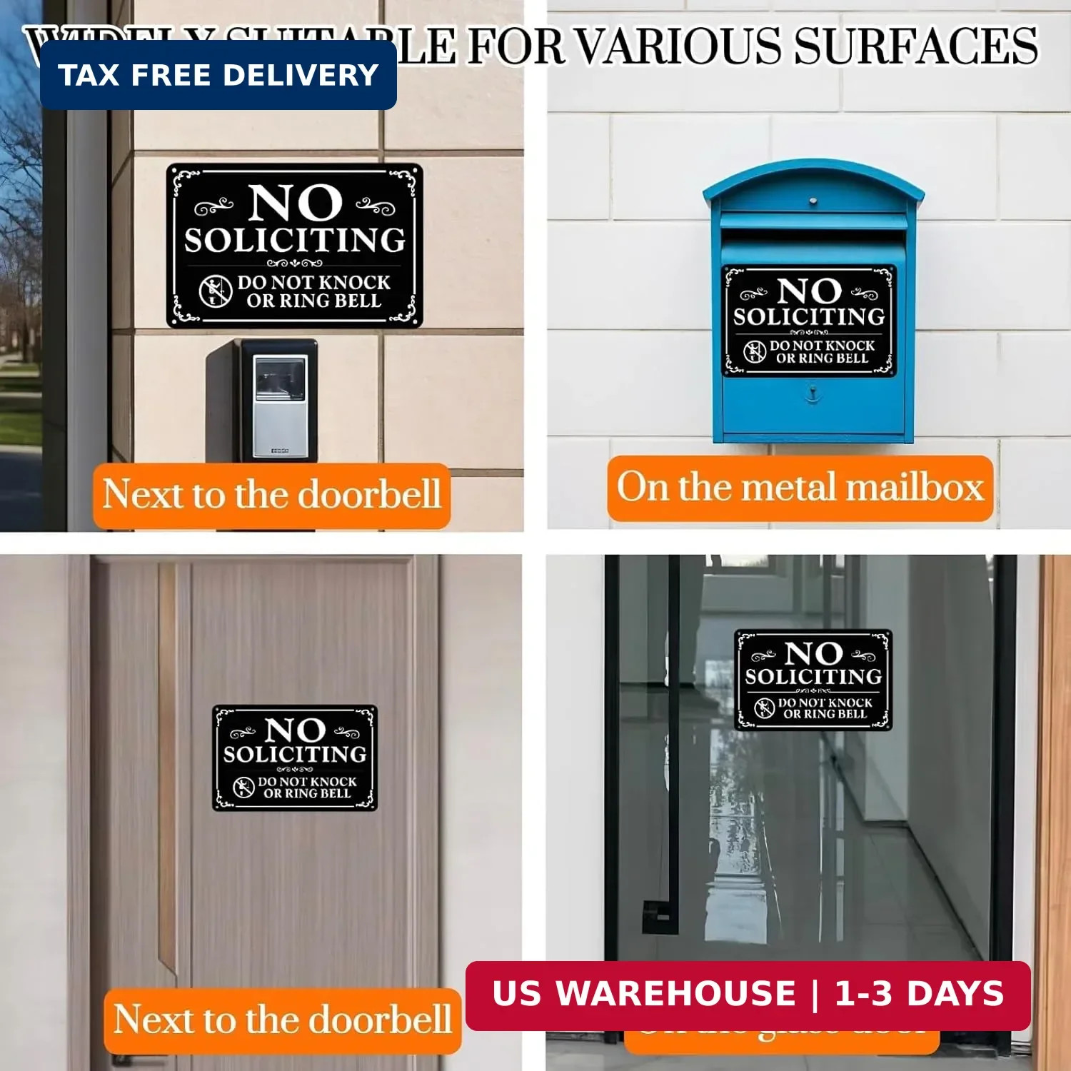 No Soliciting Sign for Front Door 9×6 Inches, 2 Pack Self-Adhesive Aluminum Meta