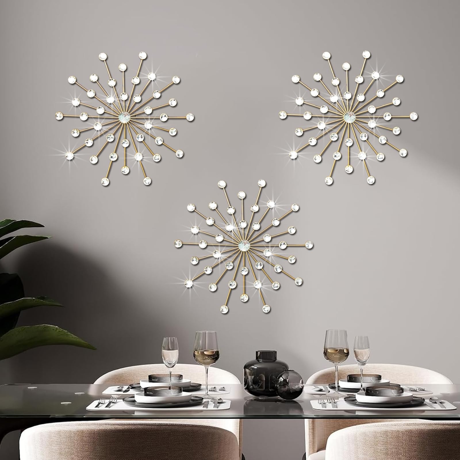3 Pack Gold Sunburst Wall Decor – Metal Crystal Wall Art with Sparkling Rhine…